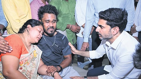 IT Minister Nara Lokesh consoles the family members of the injured in the Visakhapatnam Steel Plant accident