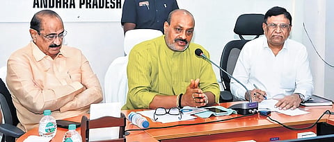 Agriculture Minister Kinjarapu Atchannaidu holds review a meeting at the Fisheries Department Commissioner’s office on Tuesday