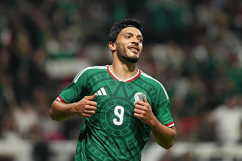 Mexico's Raul Jimenez celeberates after Serbia's Stefan Bukinac scored an own goal during an international friendly soccer match in Toluca, Mexico, Thursday, June 4, 2026.