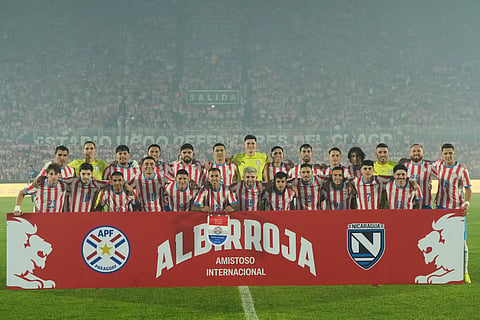 Paraguay's team pose for a group photo prior to an international friendly soccer match against Nicaragua in Asuncion, Paraguay, Friday, June 5, 2026.