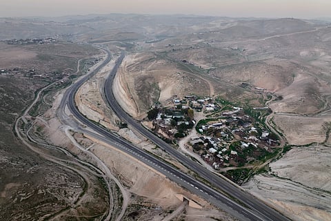 An aerial view shows the Bedouin hamlet of Khan al- Ahmar in the West Bank, Jan 24, 2023. 