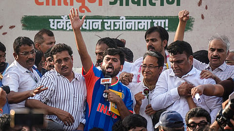 Cockroach Janta Party (CJP) founder Abhijeet Dipke along with Climate activist Sonam Wangchuk during a protest demanding Union Minister Dharmendra Pradhan's resignation, at Savitribai Phule Pune University (SPPU), in Pune, Maharashtra, Thursday, June 11, 2026. 