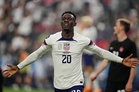 United States' Folarin Balogun celebrates after scoring against Canada during the first half of a CONCACAF Nations league final match on June 18, 2023, in Las Vegas.