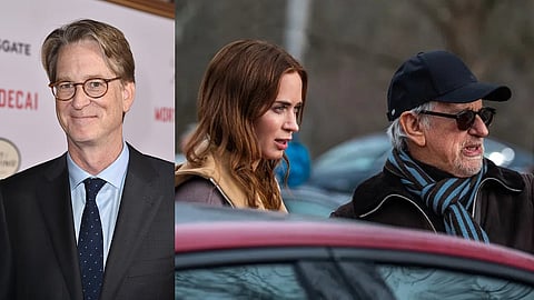 Disclosure Day writer David Koepp (L), actor Emily Blunt with director Steven Spielberg