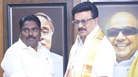 DMK chief and former CM MK Stalin with P Benjamin at the DMK headquarters in Chennai on Wednesday.