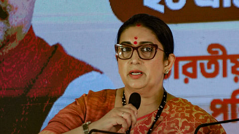 Former Union minister and BJP leader Smriti Irani addresses a press conference in Kolkata.