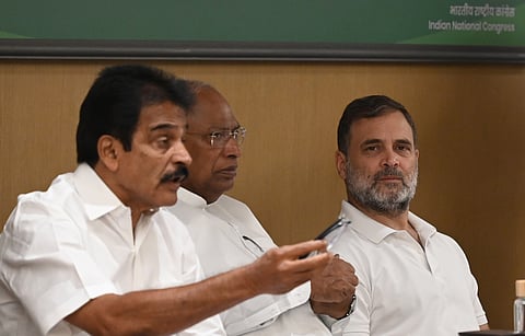 AICC President Mallikarjun Kharge, Lok Sabha LoP Rahul Gandhi, AICC Secretaries Priyanka Gandhi, KC Venugopal, Kumari Selja and MP Jairam Ramesh during AICC meetings of General Secretaries, In-charges and Pradesh Congress Committee Presidents from various states, in New Delhi on Thursday.