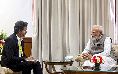  Prime Minister Narendra Modi during a meeting with Tamil Nadu Chief Minister Joseph Vijay, in New Delhi. 
