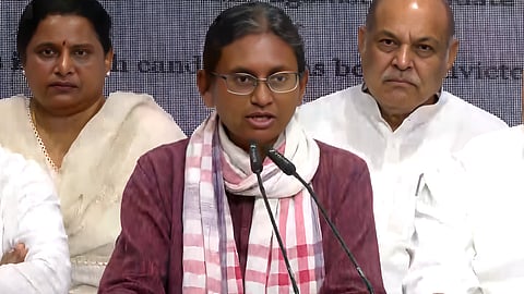 Congress leader Meenakshi Natarajan speaks during a press conference at the AICC office in New Delhi on Friday, June 12, 2026. 