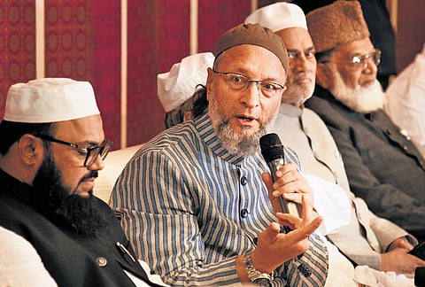 AIMIM chief Asaduddin Owaisi addresses the media in Hyderabad.