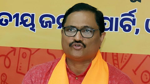 BJP leader Biranchi Narayan Tripathi addressing mediapersons at BJP State party office in Bhubaneswar on Thursday. 