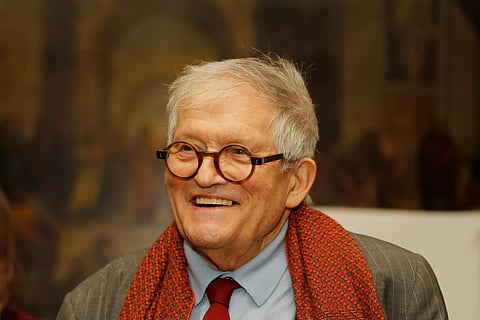 Artist David Hockney after unveiling the bottle design for the 2014 vintage wine of Chateau Mouton Rothschild in London, Friday, Feb 3, 2017.