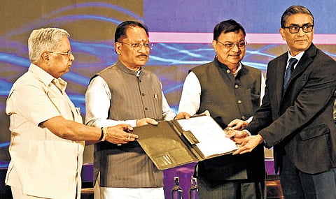 Chhattisgarh Chief Minister Vishnu Deo Sai and others during the Chhattisgarh Investor Connect-Hyderabad 2026 programme on Friday 