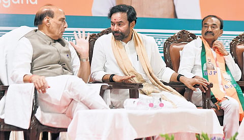 Defence Minister Rajnath Singh with Union Minister G Kishan Reddy during a meeting of intellectuals in Secunderabad on Friday
