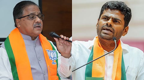 (L-R) BJP National General Secretary Radha Mohan Das Agrawal and former BJP leader K Annamalai.