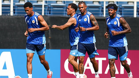 Juninho Bacuna #7 and Leandro Bacuna #10 of Curaçao warm up during the training of Curacao one day ahead of the FIFA World Cup 2026 Group E match against Germany at Flagler Credit Union Stadium on June 13, 2026 in Boca Raton, Florida.