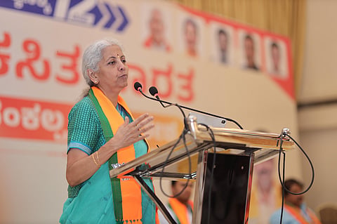 Union Finance Minister Nirmala Sitharaman addresses the BJP Karnataka's 'Viksit Bharat Sankalp Samavesh' programme, in Bengaluru, Karnataka. 
