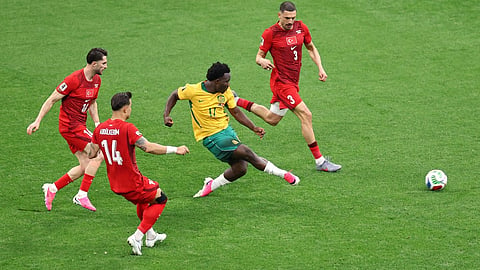 Australia's Nestory Irankunda (17) sends the ball into the net for the first goal of the match during the World Cup Group D soccer match between Australia and Turkey in Vancouver, Canada, Saturday, June 13, 2026.