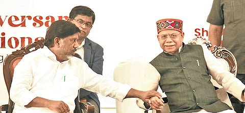 Deputy CM Mallu Bhatti Vikramarka shares a lighter moment with Governor Shiv Pratap Shukla at Salar Jung museum in Hyderabad on Sunday 