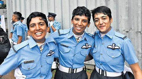 Male cadets celebrate their induction into the IAF; (bottom left) Suryakiran aircraft perform aerobatics.