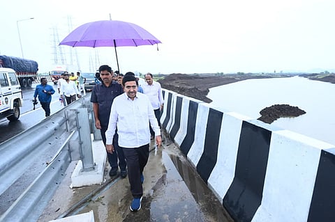 MA&UD minister P Narayana inspects the bridges being constructed over Palavagu and Kondaveeti vagu on Saturday.