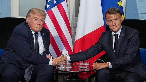 President Donald Trump meets with French President Emmanuel Macron during a bilateral meeting on the sidelines of the G7 summit, Monday, June 15, 2026, in Evian-les-Bains, France. 