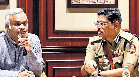 Karnataka Home Minister Priyank Kharge in a meeting with Director General of Police of the CID Special Units and 
Economic Offences Division, Pronab Mohanty, along with other senior police officers in Bengaluru on Monday 