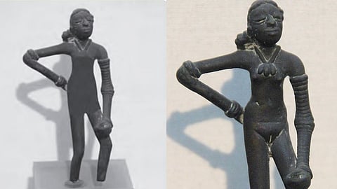 The version in the textbook appears modified, with shading across the upper body obscuring anatomical details visible in the bronze sculpture. 