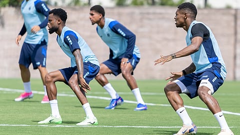 Cabo Verde players during a training session ahead of their match against Spain. 