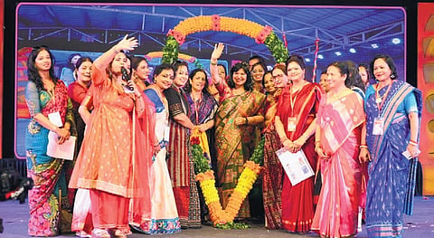 Bhubaneswar MP Aparajita Sarangi and others at the ‘Parinita Raja Parba 2026’ at Saraswati Shishu Vidyamandir, Unit-VIII in Bhubaneswar, on Sunday 