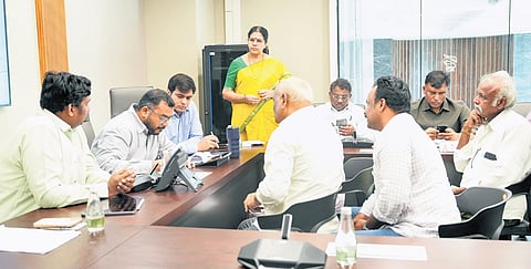 Andhra Pradesh Capital Region Development Authority (APCRDA) officials conducting the weekly Grievance Day at Rayapudi on Monday.