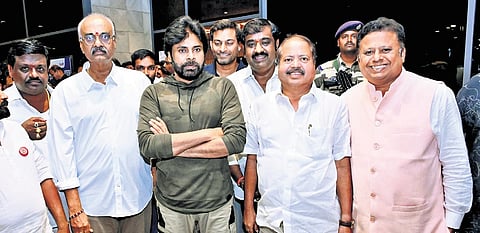 Jana Sena chief Pawan Kalyan flanked by party leaders 