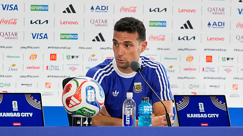Argentina head coach Lionel Scaloni address the media during a press conference ahead of the World Cup soccer tournament.