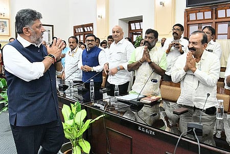 CM DK Shivakumar with Minister KH Muniyappa, MLAs, MLCs, and others during the meeting on Kempegowda Jayanti celebration, at Conference Hall, Vidhana Soudha, in Bengaluru on Tuesday