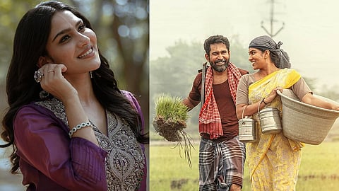 Swasika (L) and a poster for Nooru Saami (R)