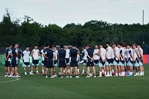 Members of the Argentine national team gather on the field during practice for the World Cup football tournament Monday, June 15, 2026, in Kansas City.
