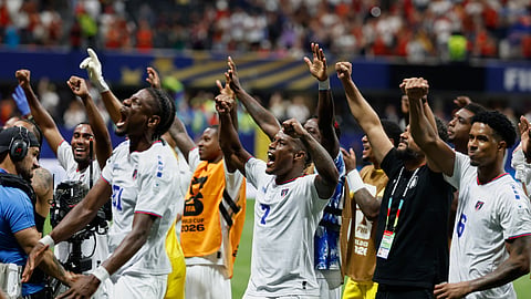 Cape Verde players celebrate after the World Cup Group H soccer match between Spain and Cape Verde