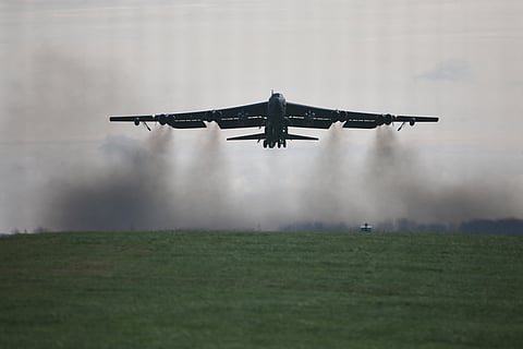 A US Air Force B-52 Stratofortress bomber takes off from RAF Fairford in south-west England on March 15, 2026.