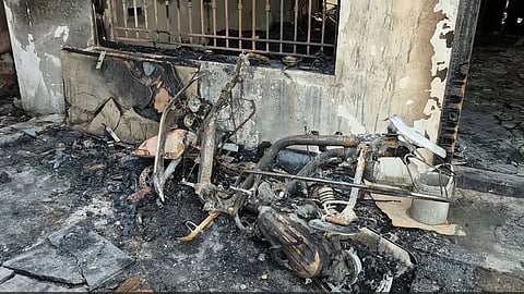 Before firefighters reached the spot, the blaze engulfed the house, destroying household articles and a two-wheeler.