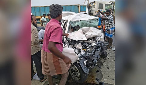 Mangled remains of the car that crashed into a lorry near T Kalathur Section Road in Perambalur district on Monday morning.