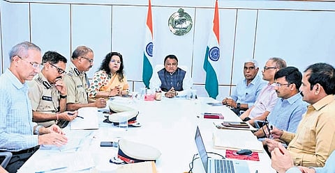 CM Mohan Charan Majhi during the review meeting on Tuesday. Chief secretary Anu Garg, DGP YB Khurania and other senior officials are present 