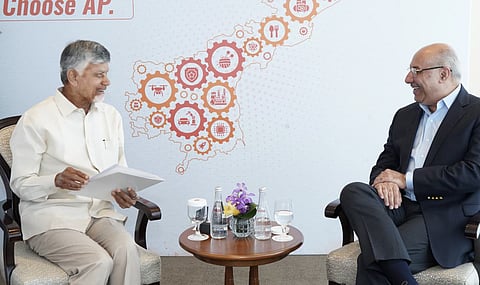 CM Nara Chandrababu Naidu with Karan, President, Google Cloud APAC, in Singapore on Monday. 