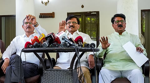 Shiv Sena (UBT) MPs Sanjay Raut, Arvind Sawant and Anil Desai address a press conference, in New Delhi, Wednesday, June 17, 2026.