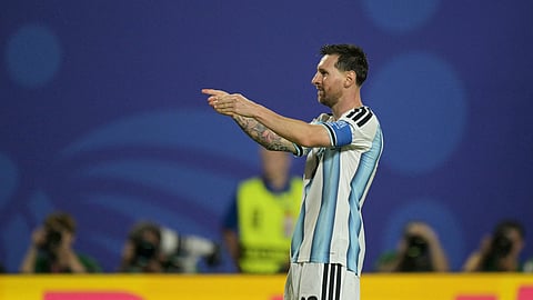 Argentina's forward Lionel Messi celebrates scoring his team's third goal during the 2026 World Cup Group J football match between Argentina and Algeria at the Kansas City Stadium in Kansas City on June 16, 2026.