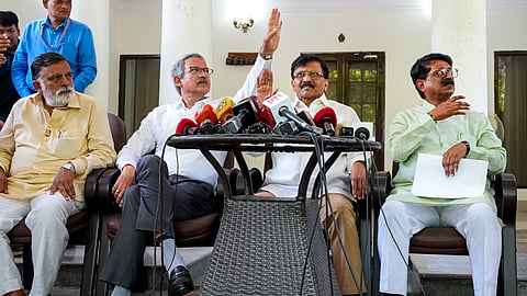 Shiv Sena (UBT) MPs Sanjay Raut, Arvind Sawant and Anil Desai address a press conference, in New Delhi, Wednesday, June 17, 2026. 