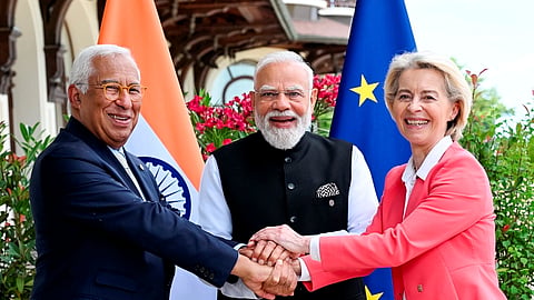 Prime Minister Narendra Modi during a meeting with European Commission President Ursula von der Leyen and European Council President Antonio Costa on the sidelines of the G7 Summit in Evian-les-Bains, France, June 17, 2026.
