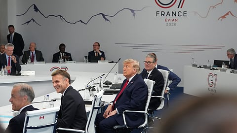 From bottom left, Canadian Prime Minister Mark Carney, French President Emmanuel Macron, US President Donald Trump and British Prime Minister Keir Starmer during a working session at the G7 summit in Evian-les-Bains, France, Wednesday, June 17, 2026.