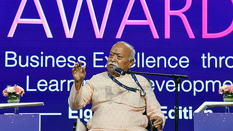 Rashtriya Swayamsevak Sangh (RSS) Chief Mohan Bhagwat addresses a gathering in New Delhi on Monday, June 15, 2026.
