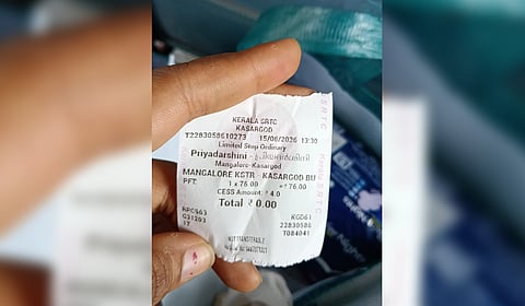 A woman shows a 'zero ticket' of her travel from Mangaluru to Kasaragod in Kerala SRTC Bus.  