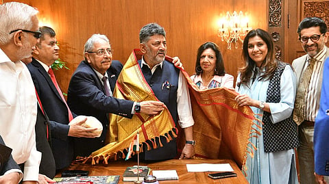 A delegation of esteemed ambassadors from various countries, including Kiran Majumdar Shaw, Geetanjali Kirloskar, Vikram Vishwanath, Mohan Suresh, Shabina Sultana, Karthik Tallam, Raghavendra Poojary, Ravi Shankar and others, met CM DK Shivakumar at the CMs office in Vidhana Soudha on Tuesday